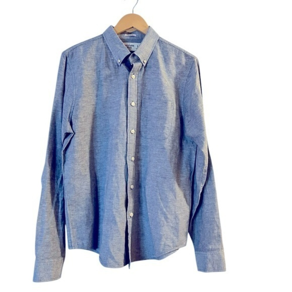 ABERCROMBIE & FITCH Blue Chambray Button Down L/S Linen Cotton “Muscle” Shirt